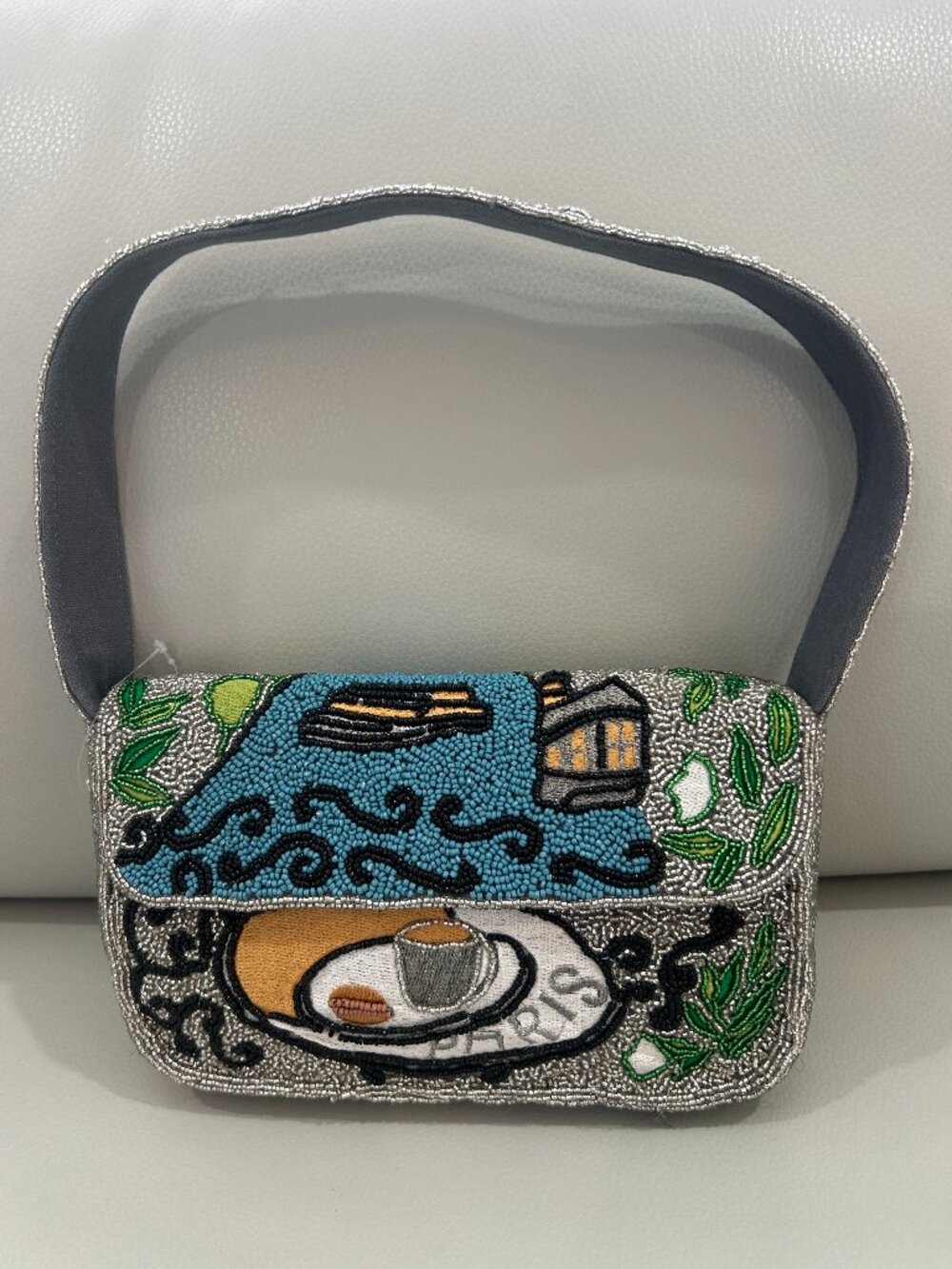 America & Beyond Silver Beaded Bag Paris Coffee Flowers Scrolls NWT